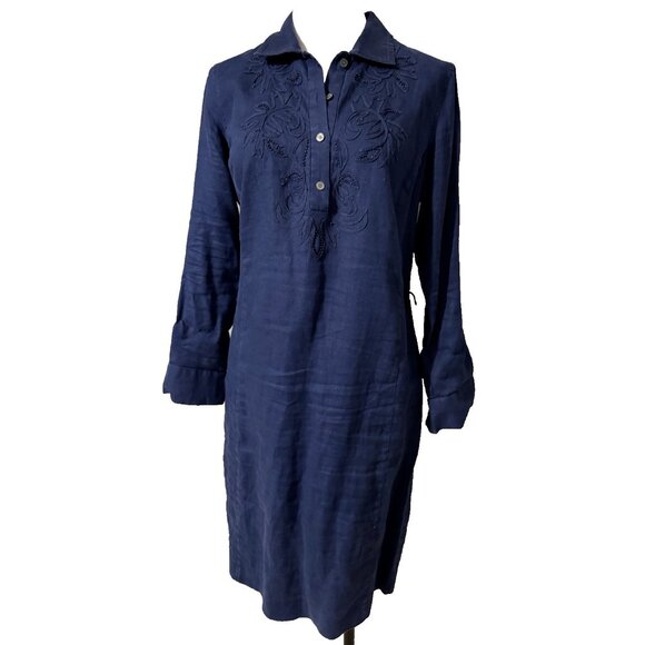 Talbots Shirt Dress 10P Irish Linen Navy Blue Embroidered Front Long Sleeve - Picture 1 of 10